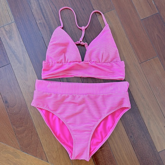 Juniors two piece swimsuit size large. Pink and white stripe high waisted suit. - Picture 1 of 8